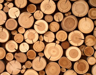 Close-up of stacked wooden logs with natural rings and cracks, showing warm brown tones and rustic texture