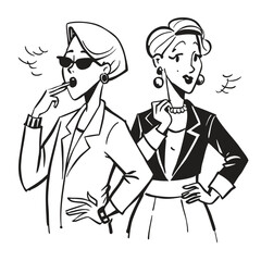 Two fashionable women in a 1950s-inspired black-and-white cartoon style, bold lines, confident poses, one in a skirt suit, the other in a short skirt and sweater, mid-century modern illustration style