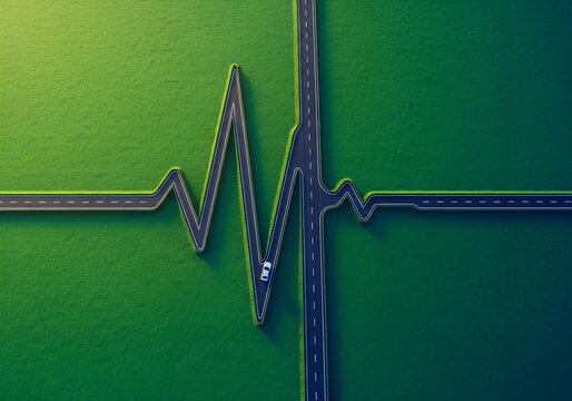 Life's Journey: Car on a Heartbeat Road at a Crossroads