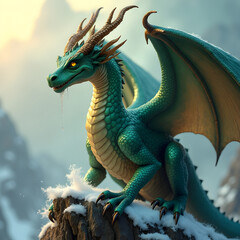 Fantasy dragon: A majestic dragon with iridescent scales perched on a mountain peak.

