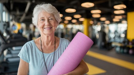 A smiling senior woman holding a yoga mat, ready for a fitness class in a modern gym setting.