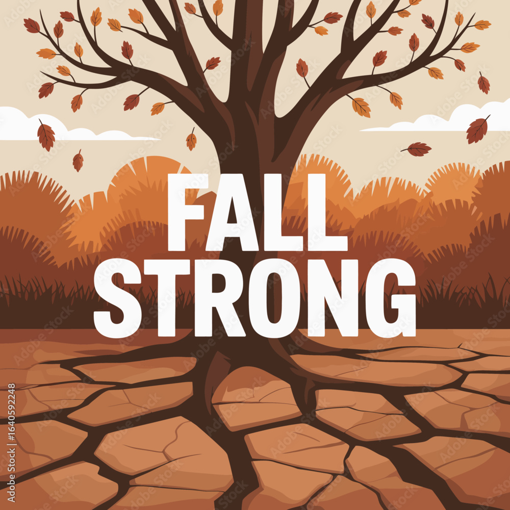Poster a resilient tree with deep roots stands strong on cracked earth under a sky with falling autumn leav