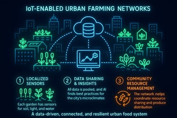 Futuristic Neon Urban Farming Network with Glowing Plant Modules for Urban Planning Presentations