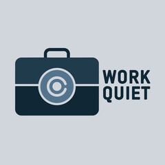 Modern graphic design featuring a dark blue briefcase with a circular logo and the words work quiet in bold black text against a light grey background