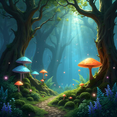Enchanted forest: Luminescent mushrooms, ancient trees, and floating orbs of light.

