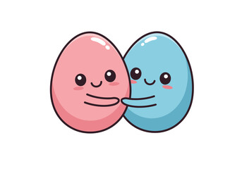 Obraz premium A cute pair of kawaii cartoon eggs in love, hugging each other. A sweet illustration concept of togetherness and affection.