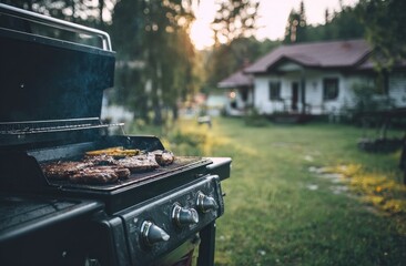 A gas grill, with steaks and vegetables cooking, sits in a backyard near a rustic cabin.  Golden light bathes the scene