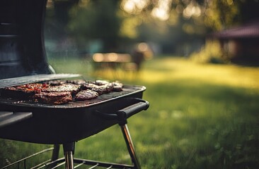 Outdoor charcoal grill with steaks cooking.  Sunny backyard scene