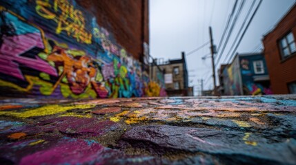 Obraz premium Colorful Graffiti Alleyway in Urban Setting, Brick Buildings, Street Art on Walls and Ground, Cloudy Sky