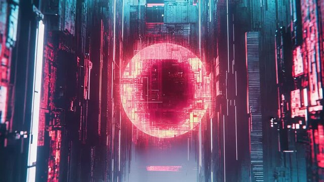 Glowing red orb illuminating futuristic cityscape with neon lights