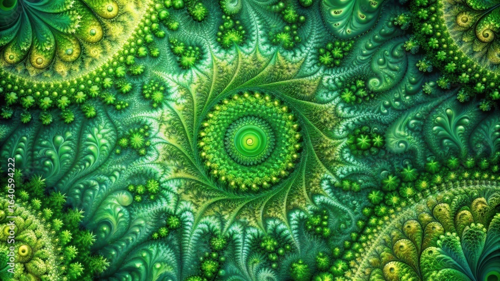 Poster abstract swirling green fractal pattern with intricate details and a central focus