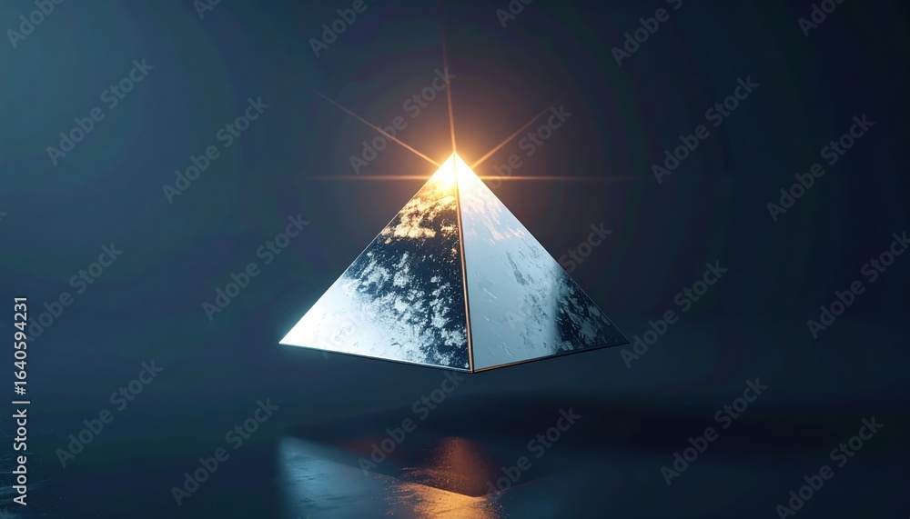 Poster a luminous metallic pyramid with a textured surface floats above a reflective surface casting a soft