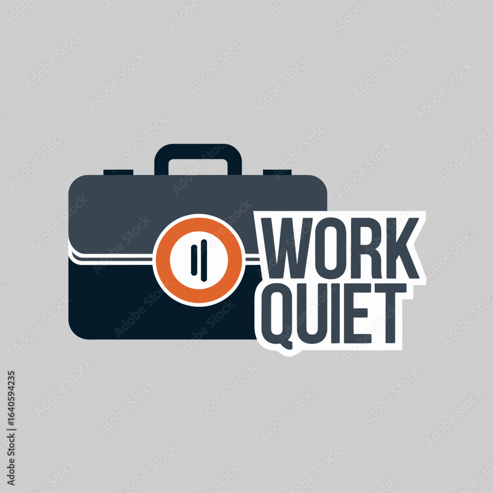 Poster a dark blue briefcase with a pause symbol on an orange circle next to the words work quiet in white 