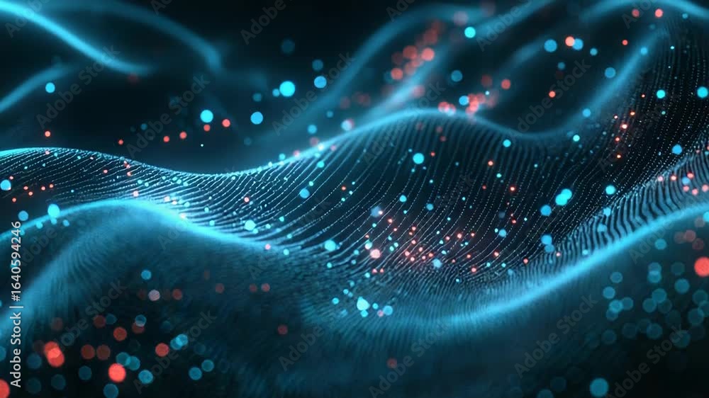 Poster abstract blue wavy particle background with red and cyan particles flowing