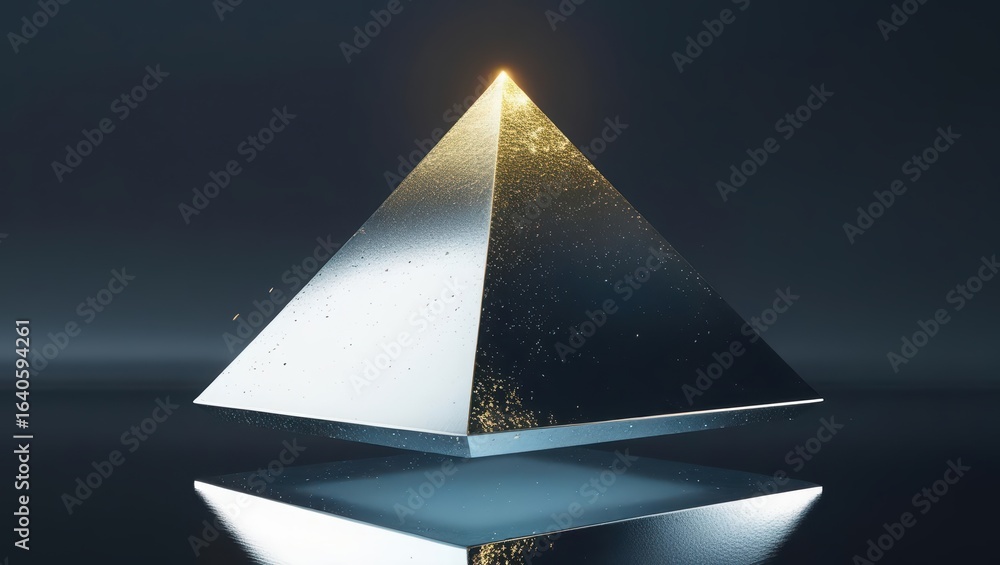 Poster a shimme golden light emanates from the apex of a futuristic silver pyramid, creating a captivating 