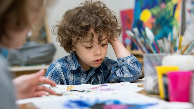 A boy is sitting at a table with a piece of paper in front of him. He is looking at the paper with a puzzled expression on his face. There are several other objects on the table, including a cup