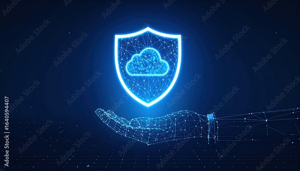 Poster digital hand presenting glowing shield with cloud inside, symbolizing cybersecurity, data protection