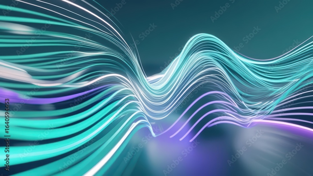 Poster an abstract turquoise and purple waveform sweeps across a reflective surface creating a futuristic a