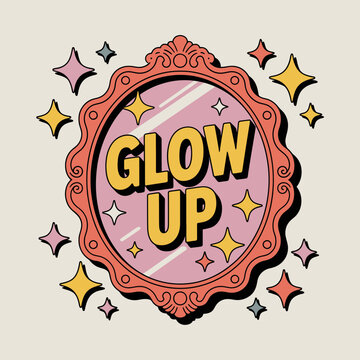 Retro vintage ornate mirror with glow up text and sparkling starbursts representing self improvement and transformation in a fun nostalgic style