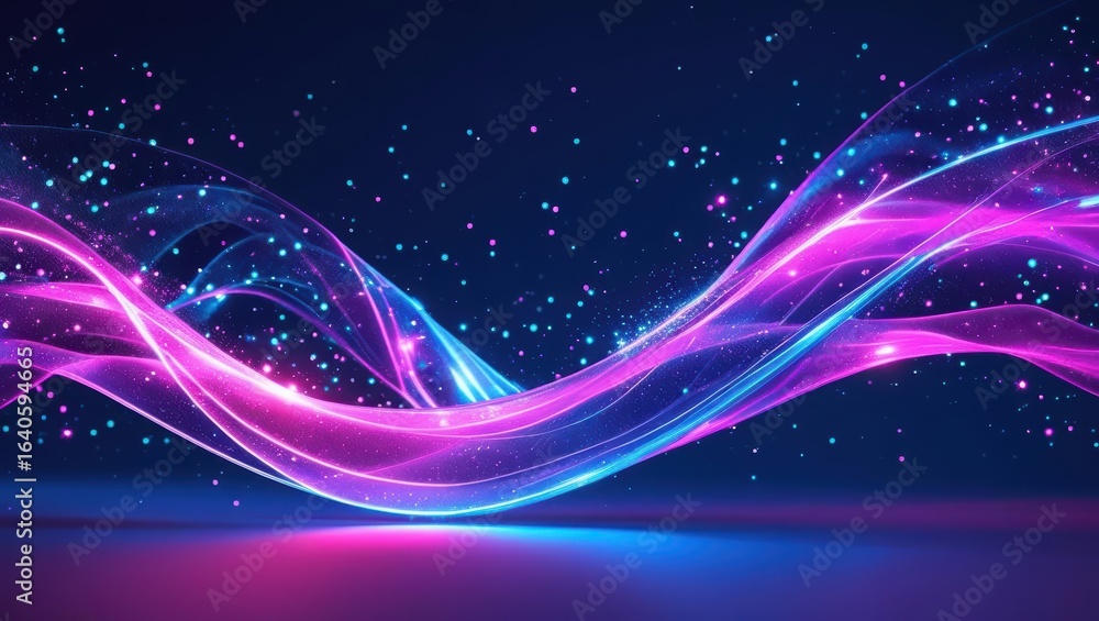 Poster luminous waves flow across a dark background, sprinkled with sparkling particles, creating a mesmeri
