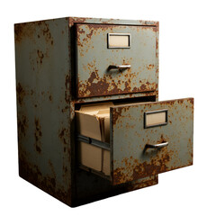 Realistic Illustration Of Rusty Metal File Cabinet With Open Drawer And Transparent Background