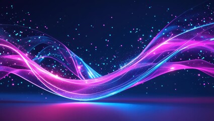 Fototapeta premium Luminous waves flow across a dark background, sprinkled with sparkling particles, creating a mesmerizing abstract design with vibrant pink and blue hues across the s.