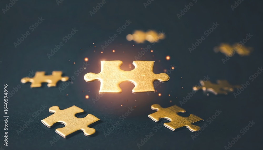 Poster a glowing gold puzzle piece floats above others, symbolizing the final missing part to complete a co