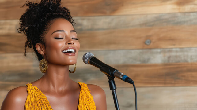 Soulful female singer performing with passion, wearing vibrant yellow attire, against wooden