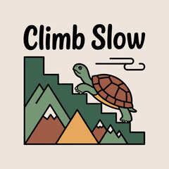 A cute cartoon turtle slowly climbs a staircase made of stylized green mountains with a simple line art cloud in the background and the text climb slow