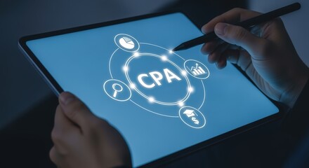 CPA illustration on a tablet screen, representing certified public accountant or cost per action marketing strategies
