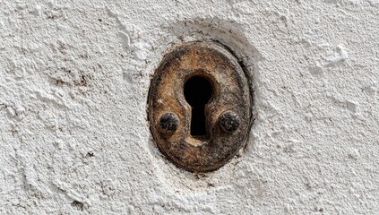 Rusty keyhole in weathered white wall