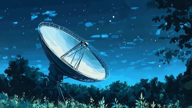 Large radio telescope searching for signals in a forest at night