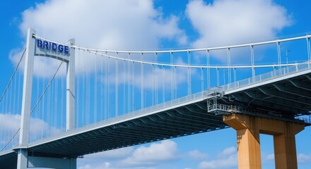 Naklejka premium Majestic Suspension Bridge Against Blue Sky: A Modern Engineering Marvel for Transportation Infrastructure