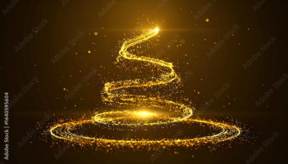 Poster a glitte golden spiral of light particles forms a glowing christmas tree shape with sparkling dust o