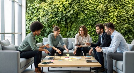 Diverse Team Collaborating in a Modern Office with Living Wall