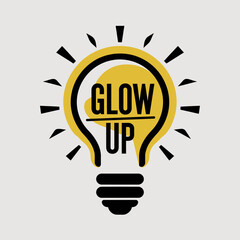Fototapeta premium Bright glowing light bulb with the words glow up inside symbolizing inspiration innovation and personal growth and development on a light gray background
