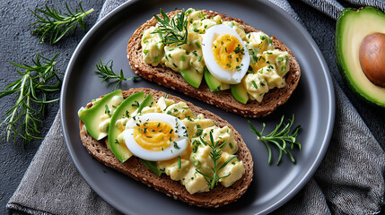 Freshly made egg salad with avocado served on whole grain toast, garnished with herbs,