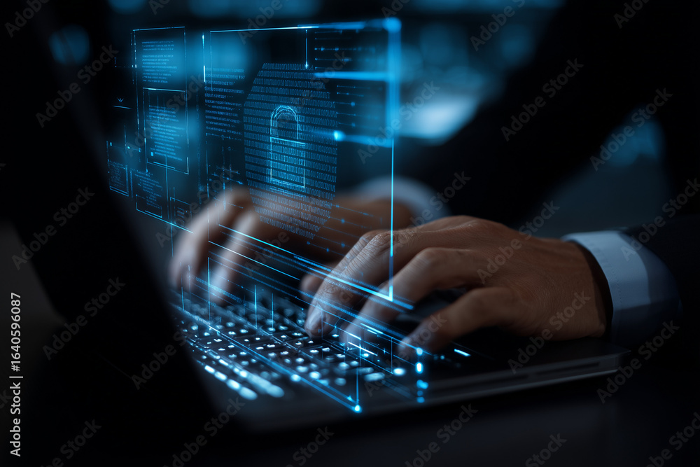 Poster Man using laptop computer with an encrypted data security system. Secure data protection and network security systems. VPN connections and zero trust security. 