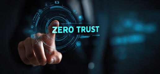 Hand pointing at a holographic display with the text "ZERO TRUST