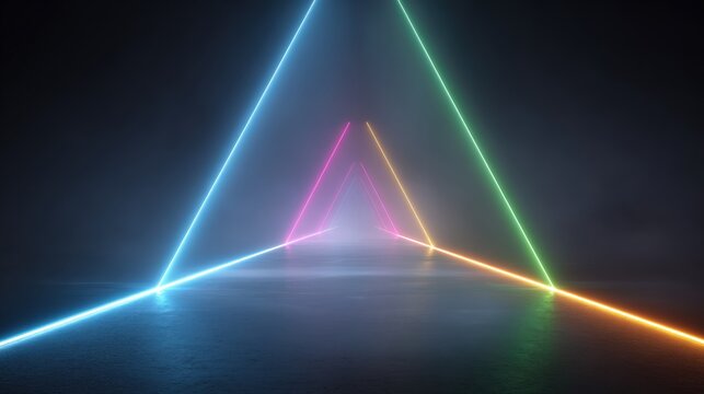 Abstract Neon Triangle Tunnel: Futuristic Glowing Light Portal for Science Fiction and Technology Concepts