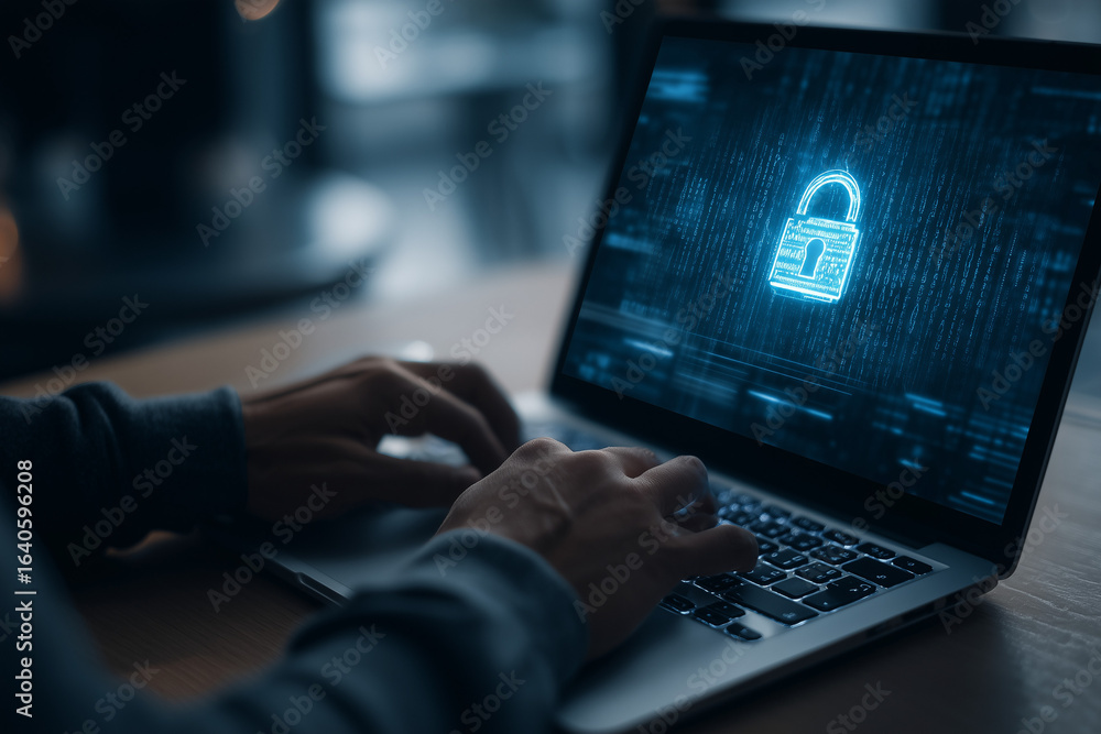 Poster Man using laptop computer with an encrypted data security system. Secure data protection and network security systems. VPN connections and zero trust security. 