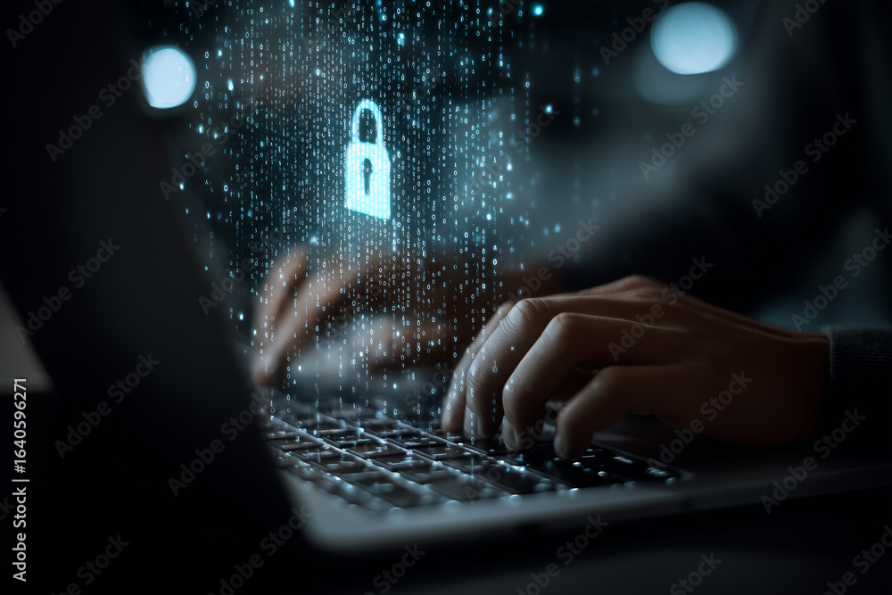 Poster Man using laptop computer with an encrypted data security system. Secure data protection and network security systems. VPN connections and zero trust security. 