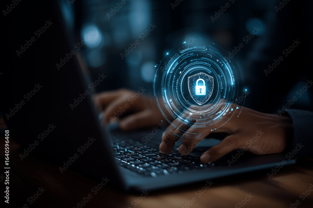 Poster Man using laptop computer with an encrypted data security system. Secure data protection and network security systems. VPN connections and zero trust security. 