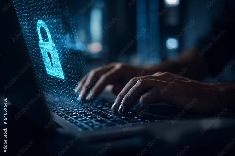Poster Man using laptop computer with an encrypted data security system. Secure data protection and network security systems. VPN connections and zero trust security. 