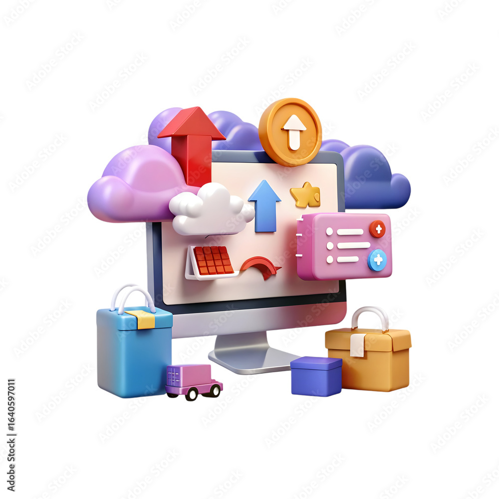Aufkleber computer screen with cloud storage and shopping icons isolated on transparent background