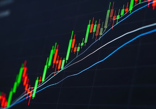 Uptrending stock market candlestick chart with moving averages