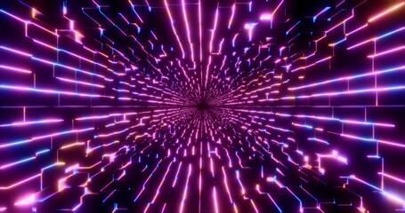 Futuristic glowing neon waving cube background. Shining geometric pink lines inside corridor in perspective. Bright retro digital cyberspace. 3D rendering.