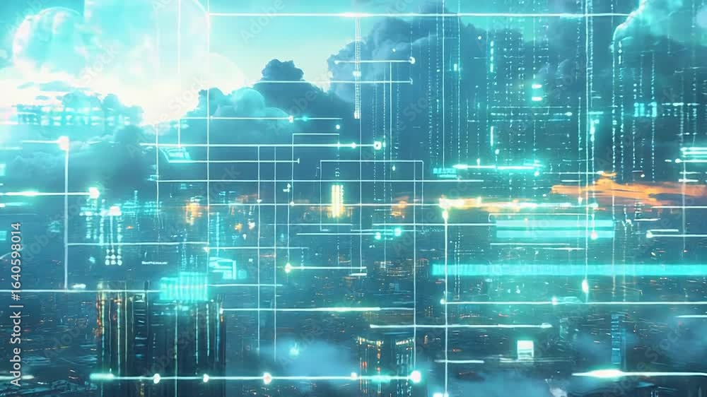 Poster cloud computing connecting futuristic cityscape with digital information flow