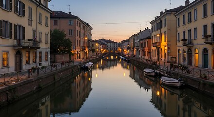 Sunset over canal in historic European city