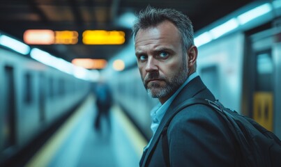 Businessman with a sad or tired expression returning from work by subway, symbolizing the pressures of overwork and lack of free time, Generative AI